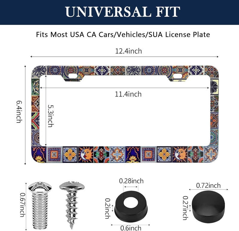 LIN KANG Mexican Tiles License Plate Frames - 2 Pack Mandala Boho License Plate Frame for Women Men, Universal Accessories License Plate Cute Aluminum Car Tag Frames for Women Men US Vehicles - Image 3